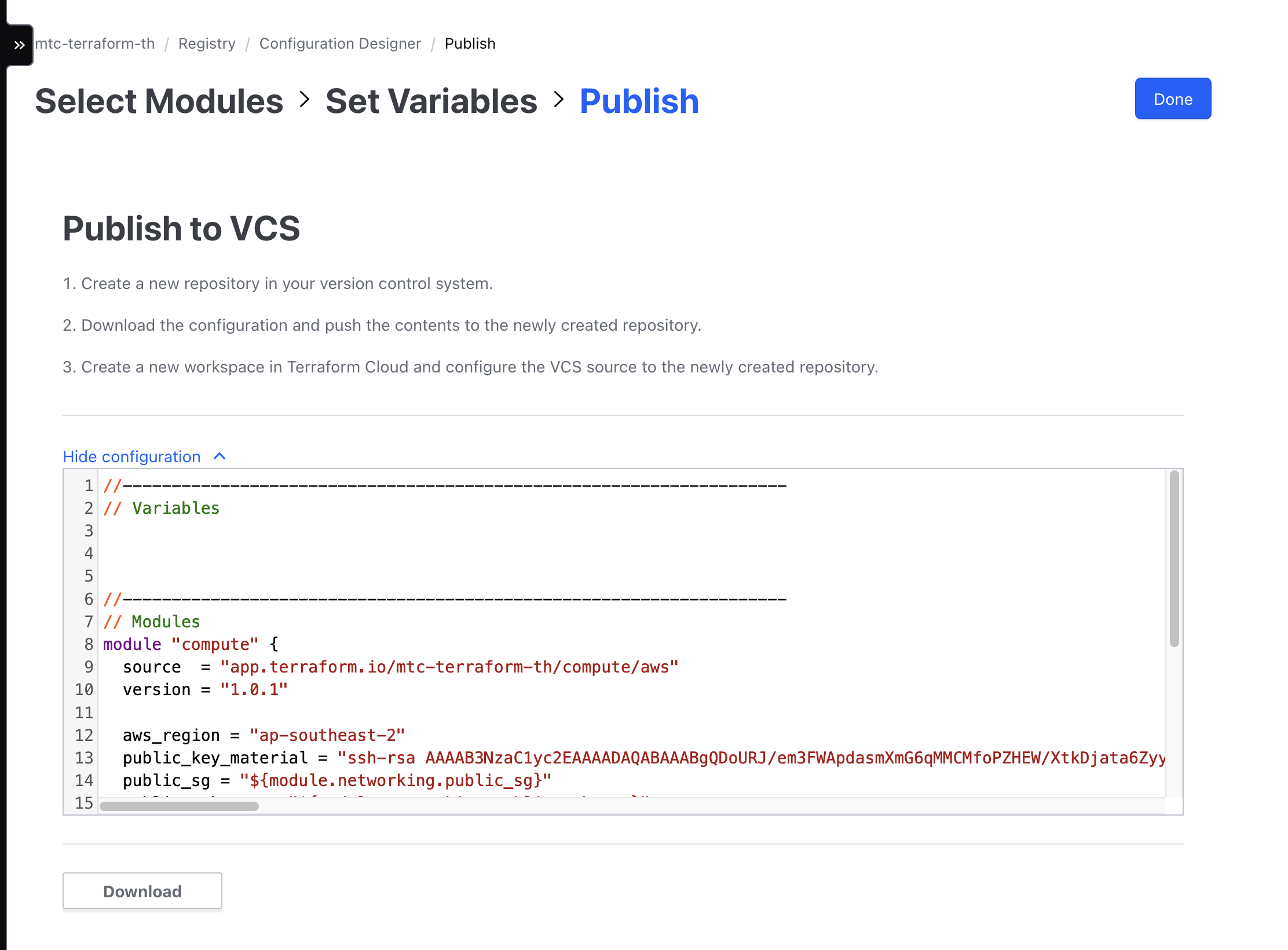 TFC Publish config to VSC